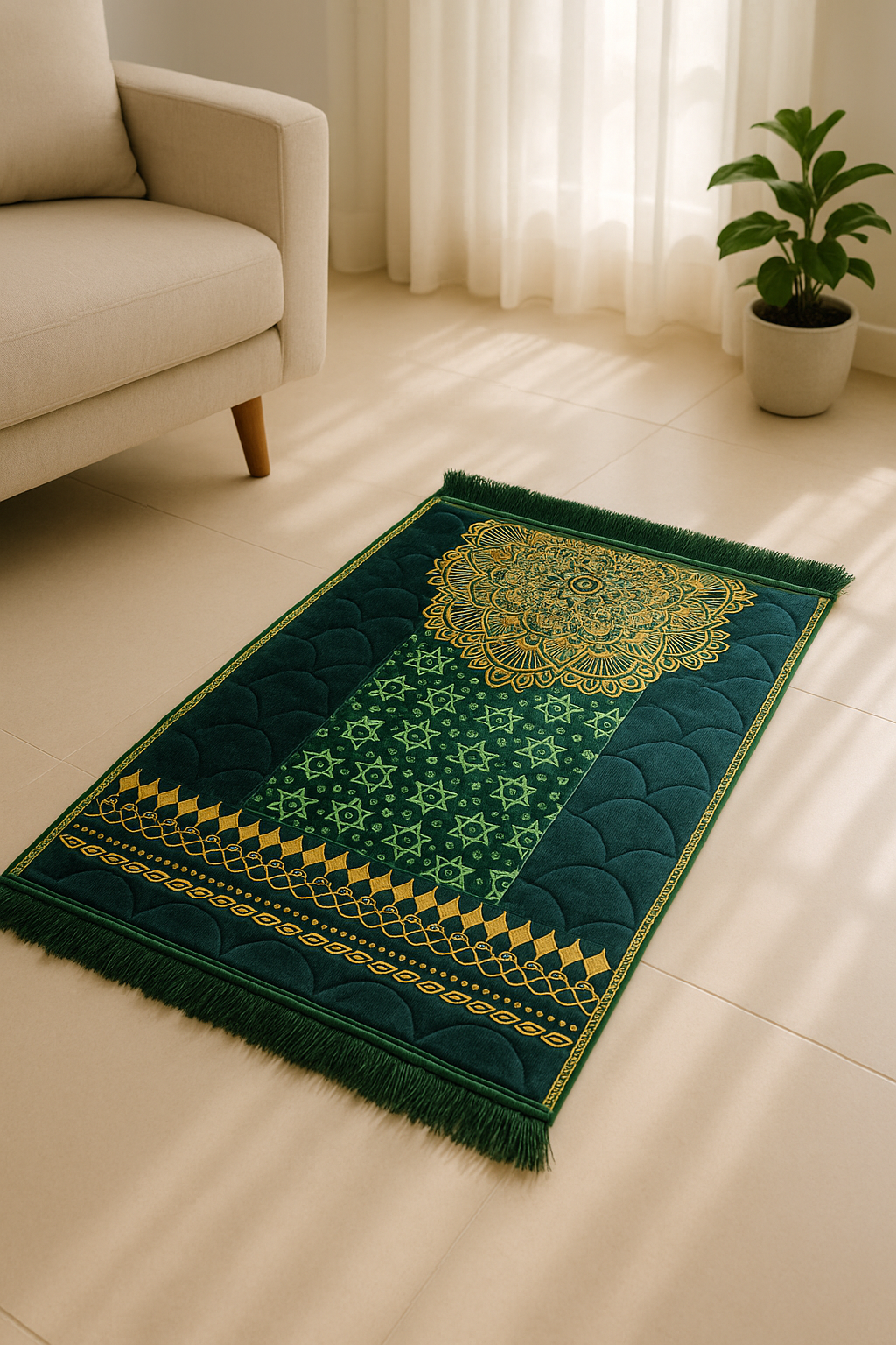 Luxury emerald Velvet Prayer Mat – Soft Jā-e-Namaz with Mandala & Star Design