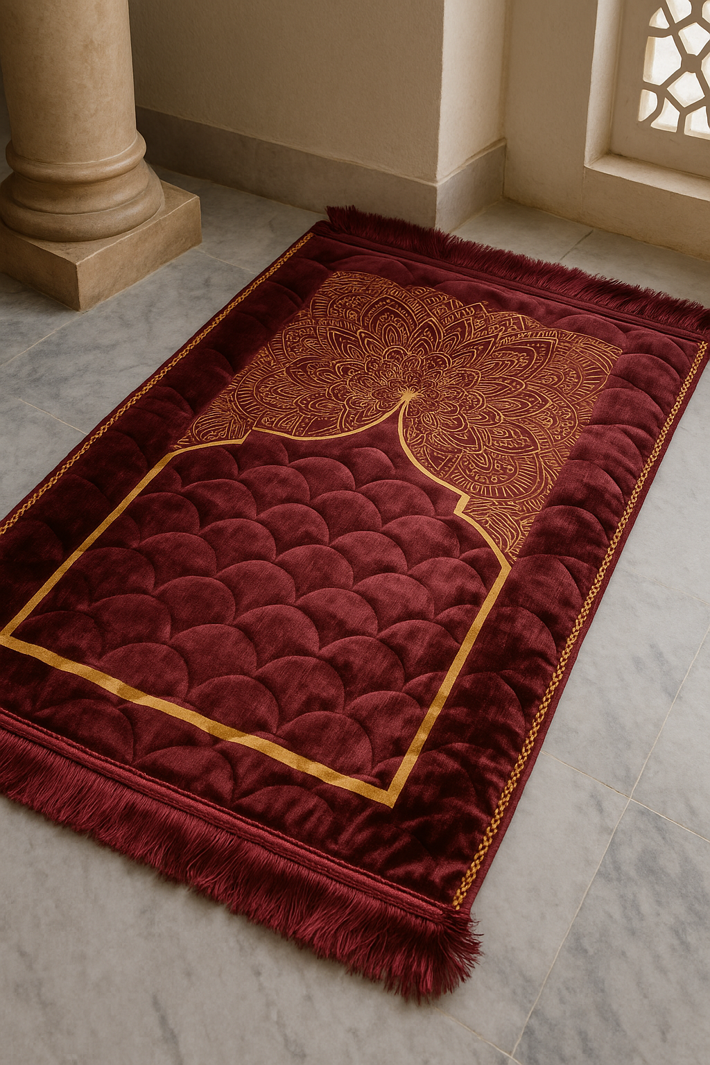Maroon Velvet Prayer Mat – Soft Jā-e-Namaz with Floral Arch Design