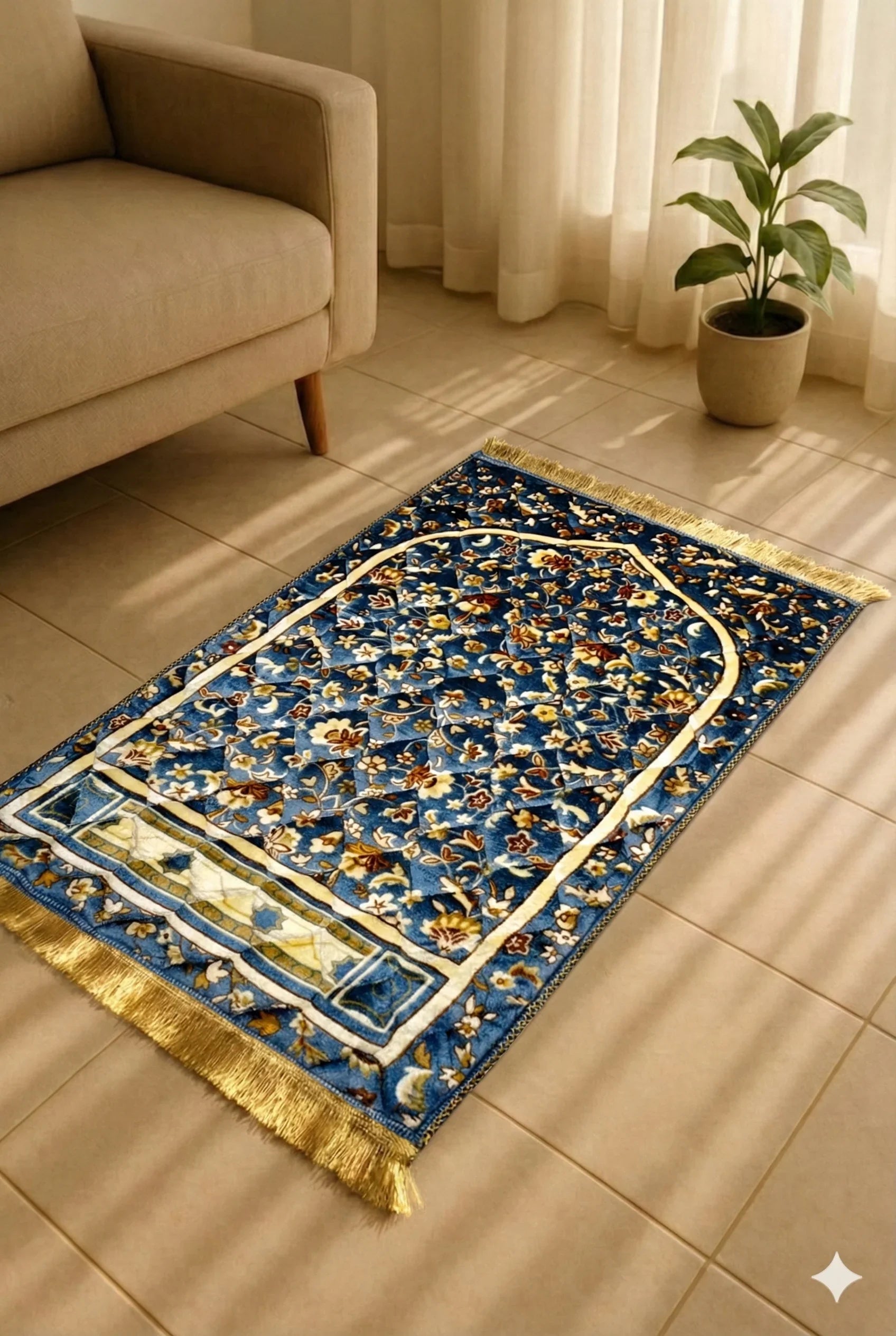 Blue Islamic prayer mat with floral patterns and gold fringes on beige tiled floor near beige sofa and green potted plant