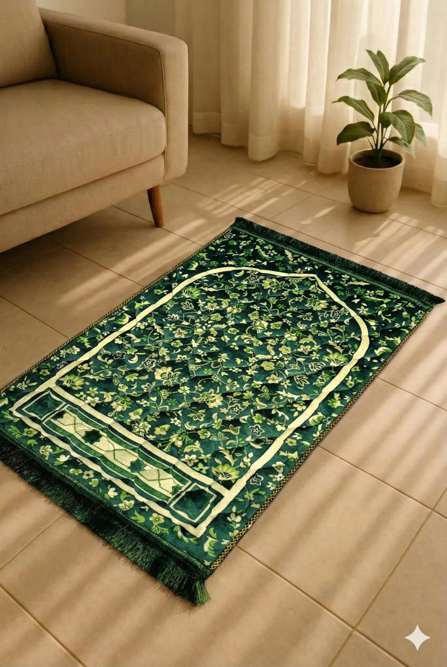 Green Velvet Prayer Mat – Gold Qibla Arch, Anti-Slip