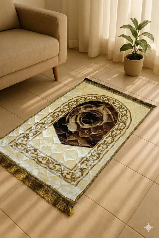 Beige Velvet Prayer Mat – Gold Qibla Medallion, Anti-Slip