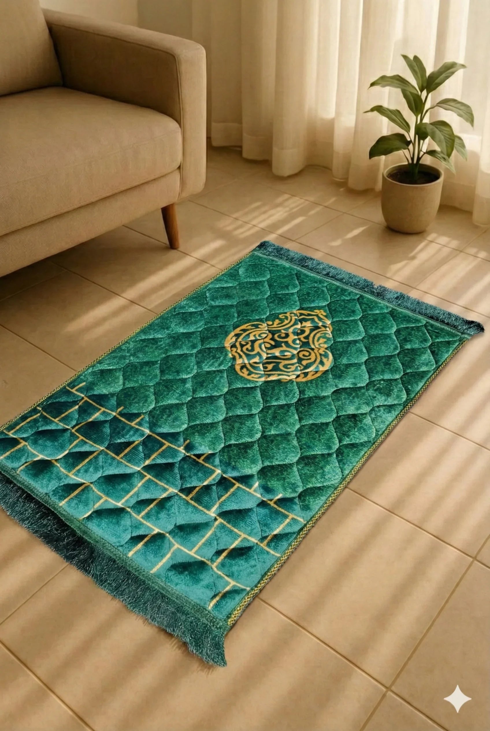 Green quilted Islamic prayer mat with gold ornate design placed on tiled floor near beige sofa and potted plant