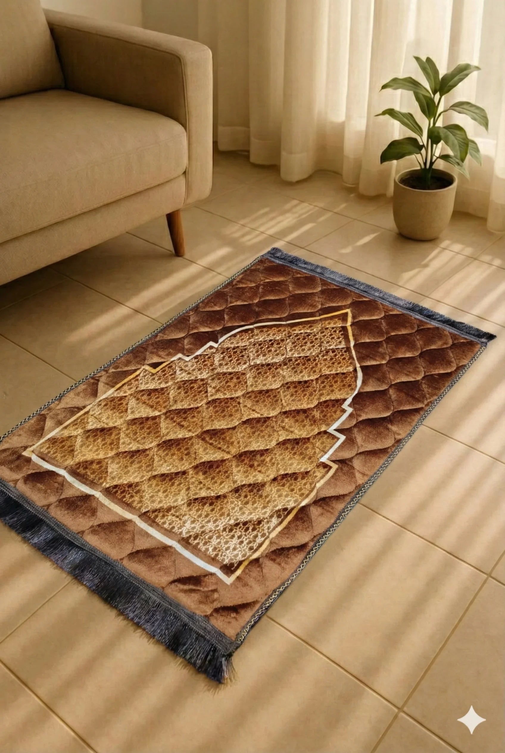 Brown Islamic prayer mat with geometric pattern, placed on tiled floor near beige sofa and potted plant