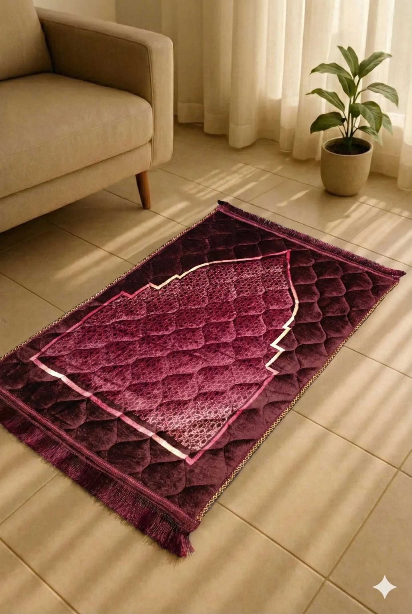 Plush purple Islamic prayer mat with intricate patterns laid on tiled floor near beige sofa and potted plant