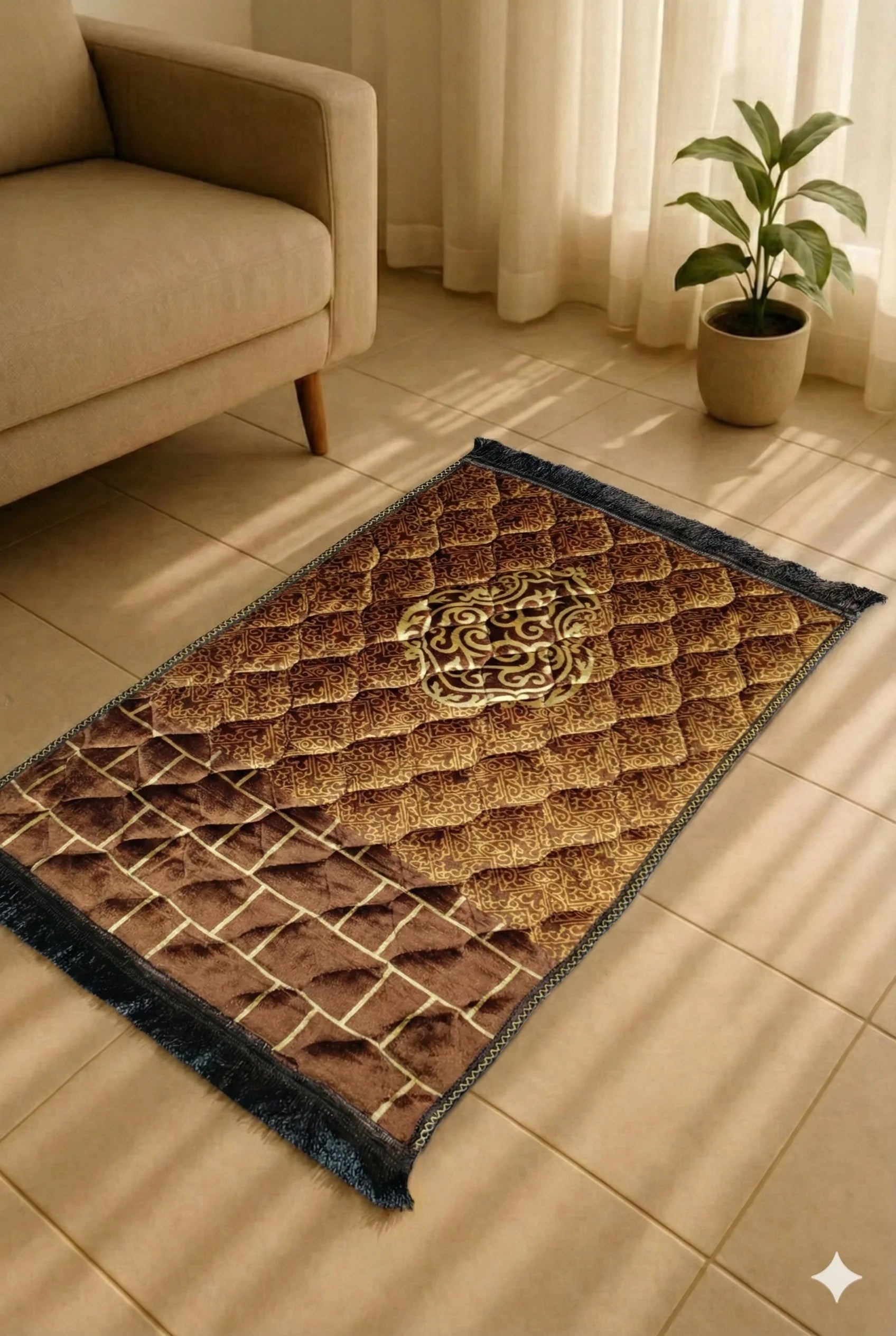 Brown and gold Islamic prayer mat with intricate patterns placed on tiled floor near beige sofa and green potted plant