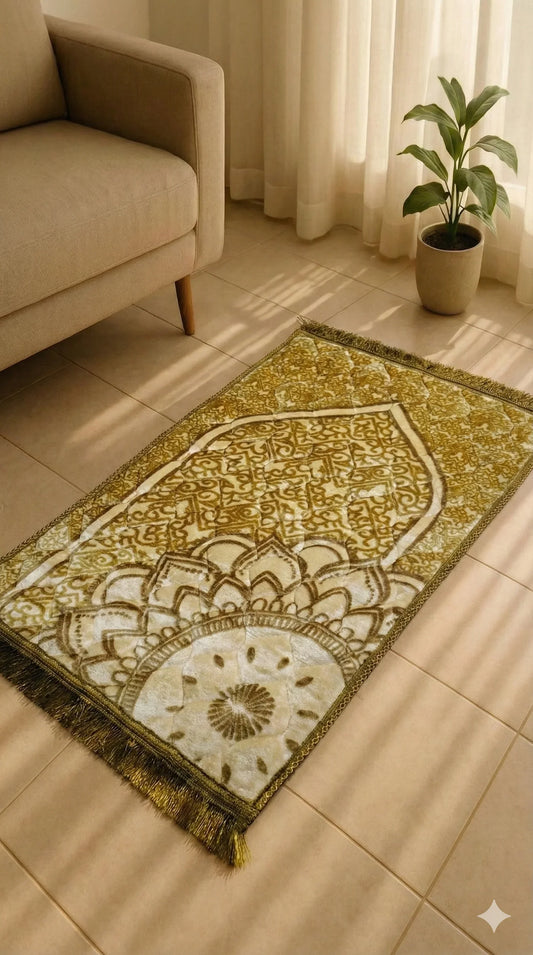 Islamic prayer mat with intricate golden and beige patterns on tiled floor near beige sofa and potted plant