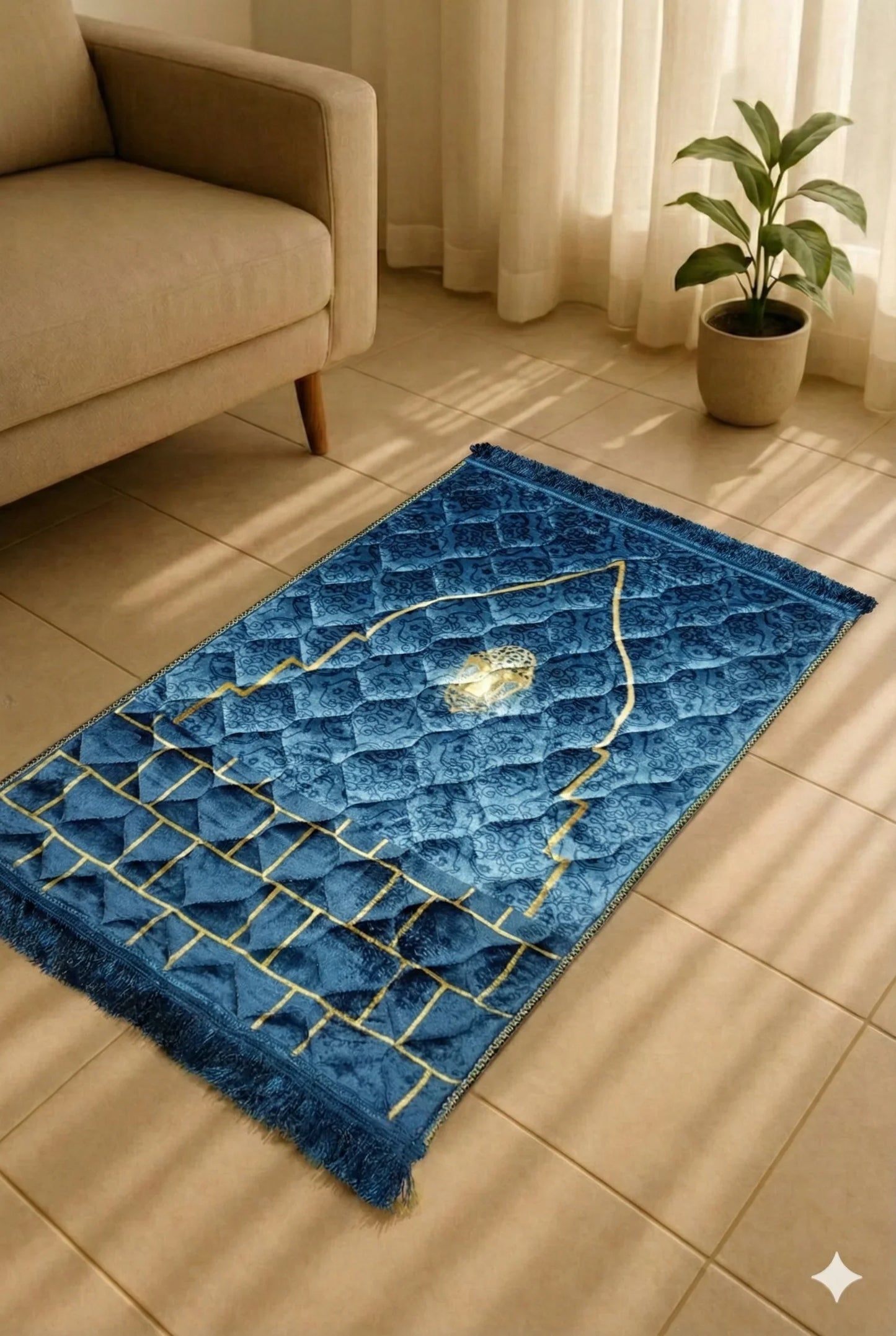 Premium Blue Velvet Prayer Mat – Gold Qibla Arch, Anti-Slip