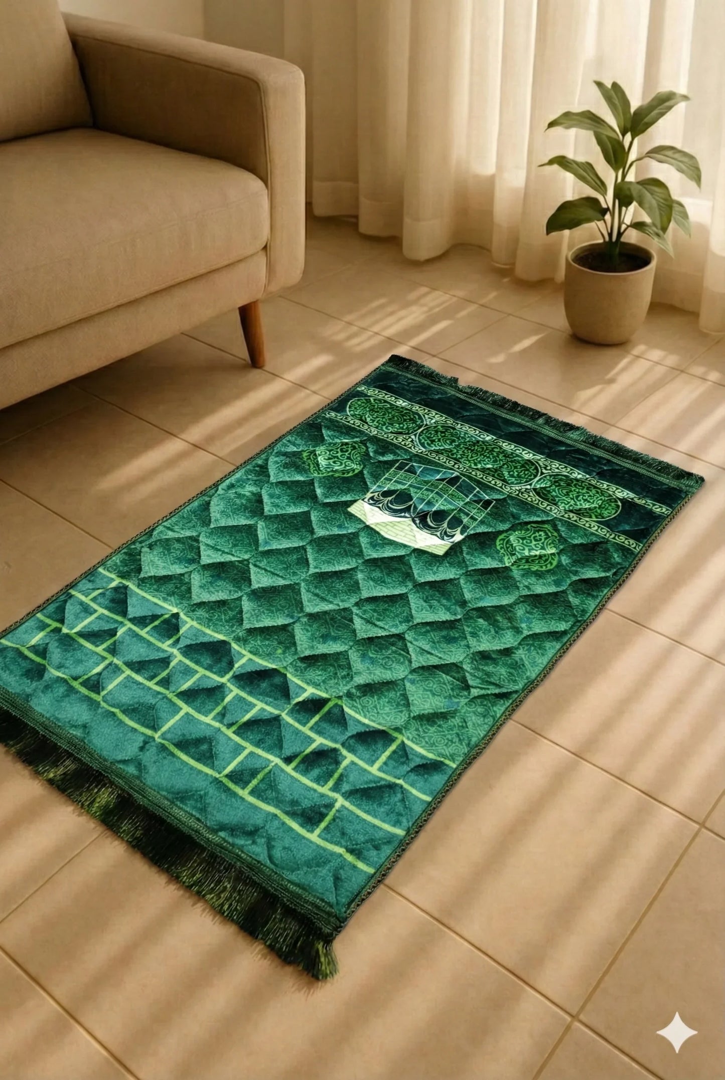 Deep Green Velvet Prayer Mat – Embossed Gold Qibla, Anti-Slip