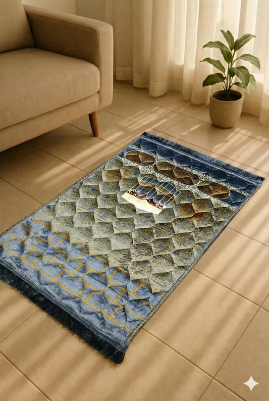 Charcoal Grey Velvet Prayer Mat – Gold Qibla Arch, Anti-Slip